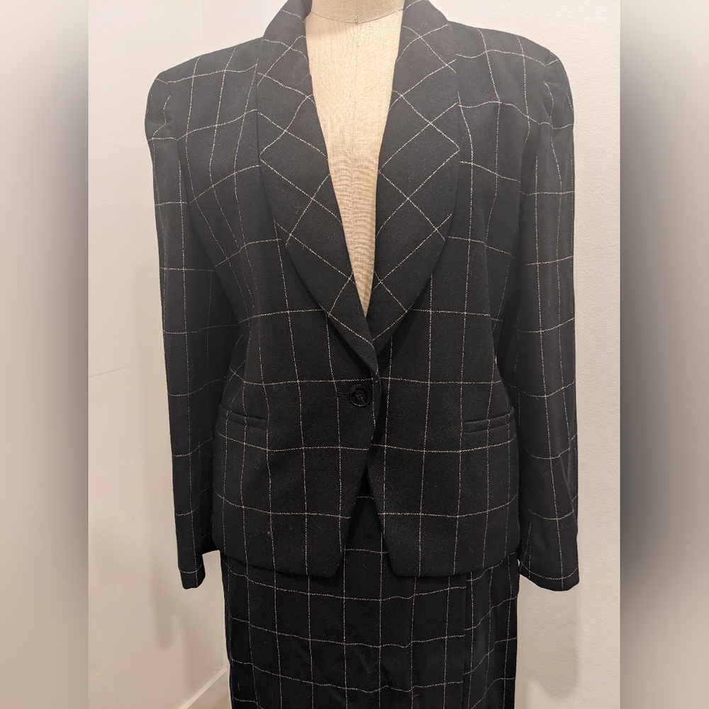 80's Jones New York Black Windowpane Wool Suit
